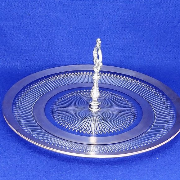 Serving Platter Glass with Silver Trim Ornate Silver Handle Vintage Glassware - Picture 2 of 11